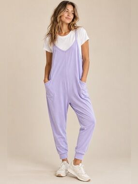 Sundry Anthropologie Slouchy Lavender Jumpsuit White Tee Set Comfy Lounge NWOT S